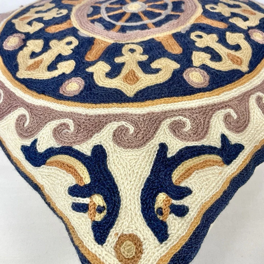 Greek Embroidered Nautical Throw Pillow 15x15 Dolphins‎ Anchors Coastal Decor